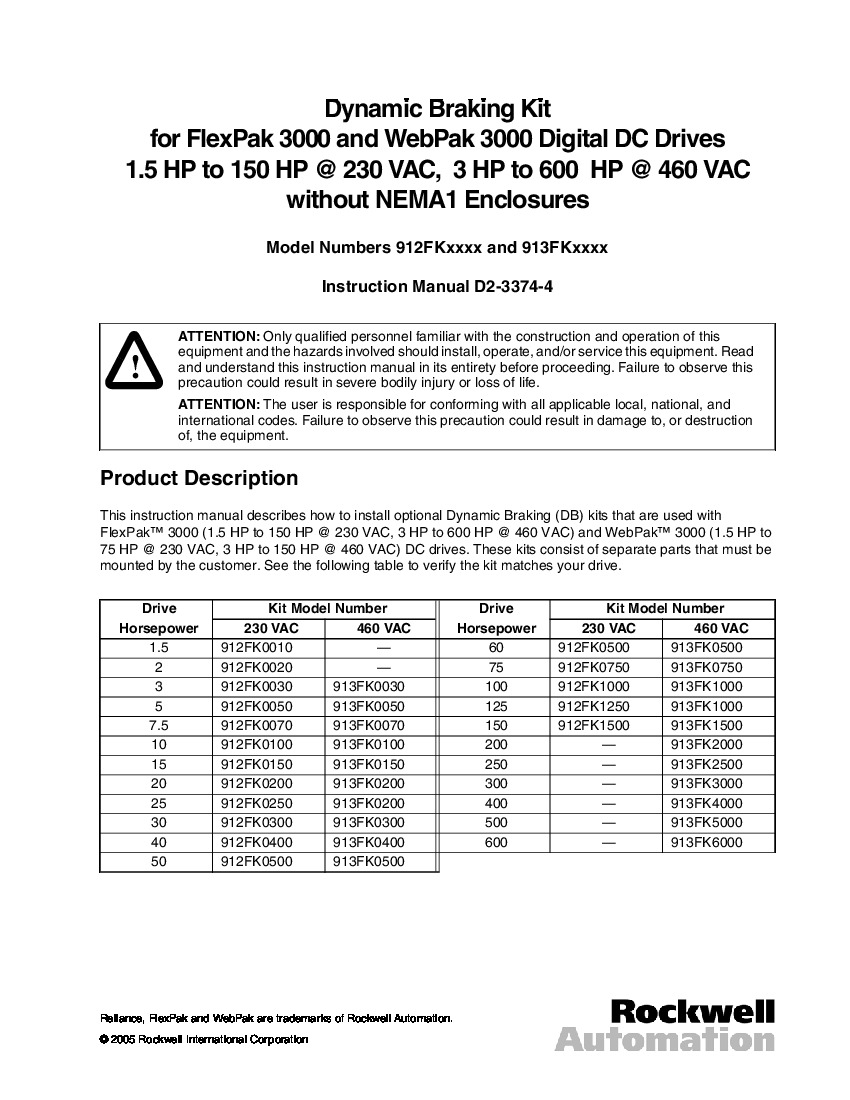 First Page Image of 912FK0250 Dynamic Braking Kit for FlexPak 3000 and WebPak 3000 Digital DC Drive Instruction Manual D2-3374-4.pdf
